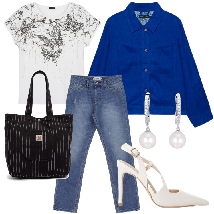 Outfit donna - Butterfly t-shirt. Stile Casual per Serata fuori. Abbinamento con orecchini, jeans dritti, décolleté, blazer, t-shirt, borse tote.