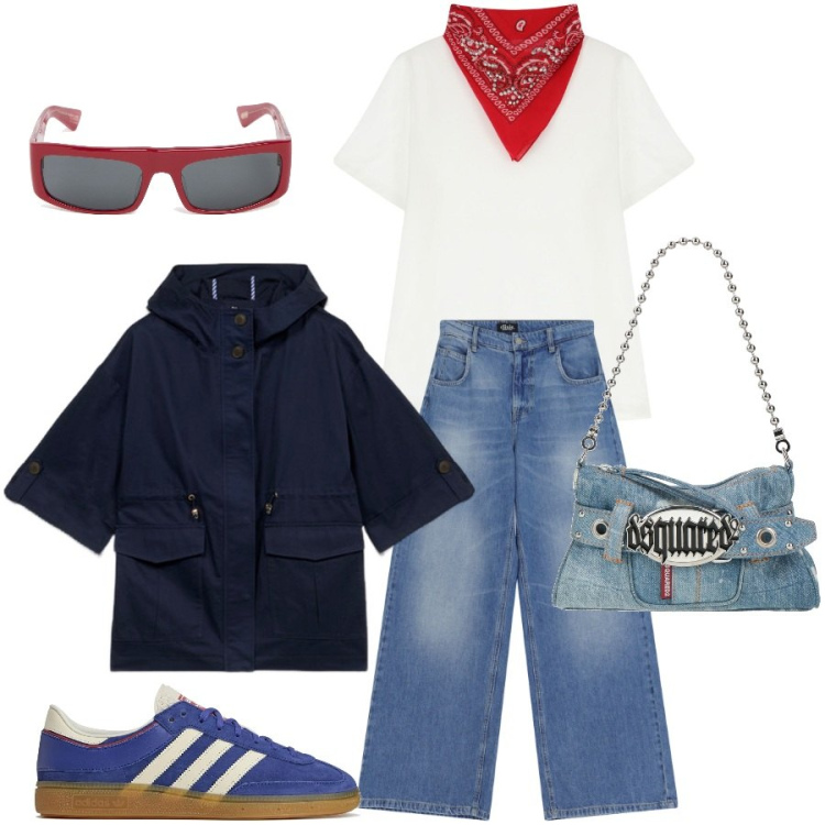 Outfit donna - Urban style. Stile Urban per Tutti i giorni. Abbinamento con borse a mano, jeans, t-shirt, occhiali da sole, sneakers, parka.