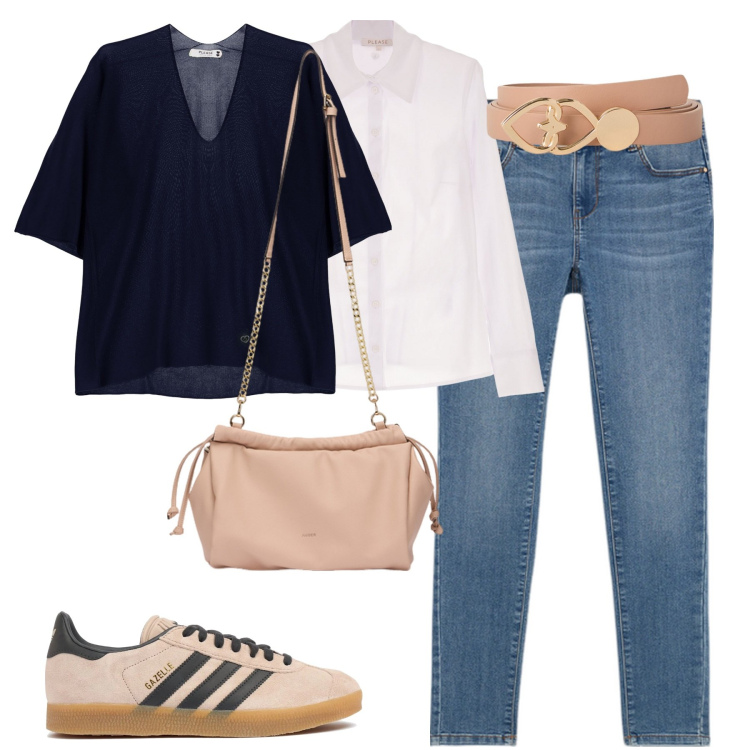 Outfit donna - City. Stile Casual chic per Tutti i giorni. Abbinamento con camicie, maglieria, jeans skinny, sneakers, cinture, borse a tracolla.