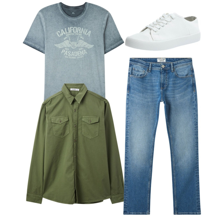 Outfit uomo - Total look. Stile Casual per Tutti i giorni. Abbinamento con t-shirt, jeans, camicie, sneakers.