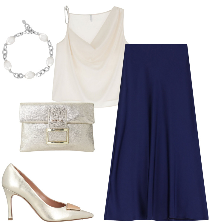 Outfit donna - Serata. Stile Chic per Serata fuori. Abbinamento con décolleté, braccialetti, gonne lunghe, top, pochette.
