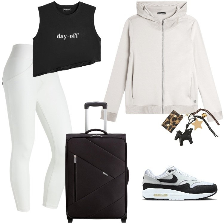 Outfit donna - Total look #2108664. Stile Basic per Tutti i giorni. Abbinamento con felpe con cappuccio, pantaloni skinny, t-shirt, portachiavi, sneakers, valigie.