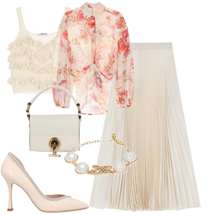 Outfit donna - Occasione speciale. Stile Chic per Cerimonia. Abbinamento con borse a mano, décolleté, braccialetti, top, gonne lunghe, camicie.