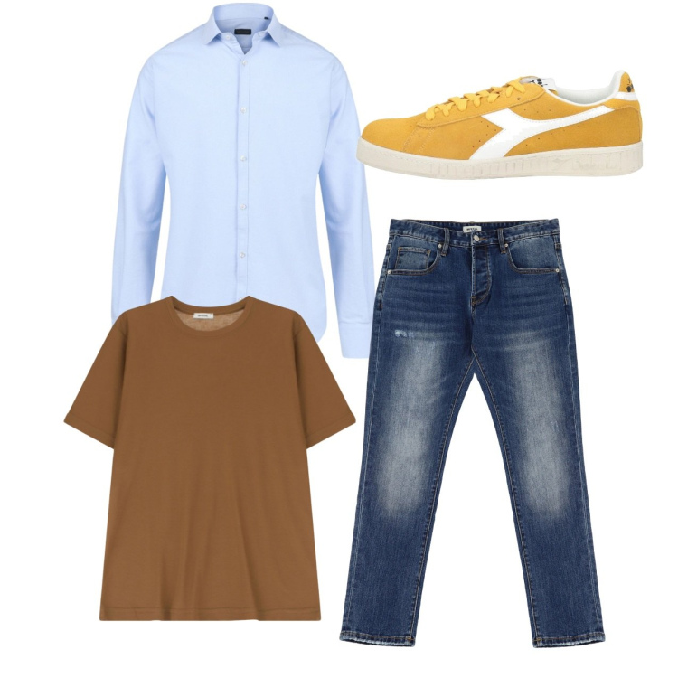 Outfit uomo - Total look. Stile Casual per Tutti i giorni. Abbinamento con sneakers, t-shirt, jeans dritti, camicie.