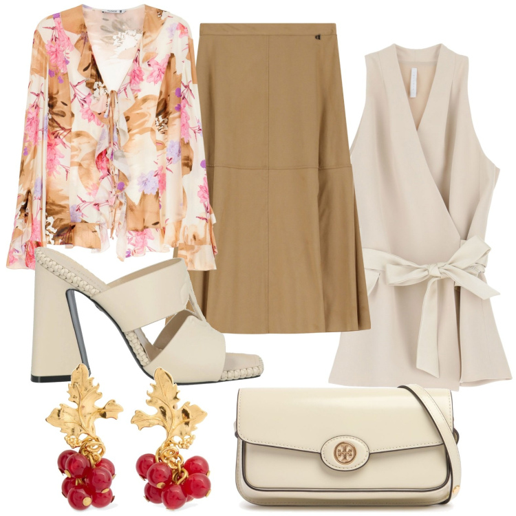 Outfit donna - Total look #2108676. Stile Basic per Tutti i giorni. Abbinamento con sandali in pelle, gilet, gonne longuette, camicie, borse a spalla, orecchini.