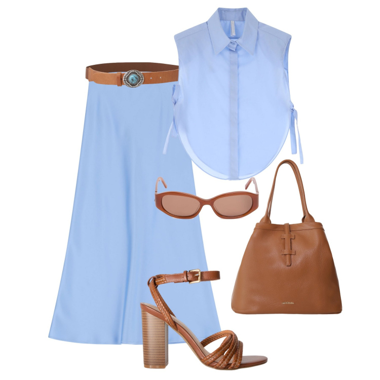 Outfit donna - Celeste e cuoio H24. Stile Trendy per Tutti i giorni. Abbinamento con gonne lunghe, camicie, borse tote, cinture, occhiali da sole, sandali col tacco.