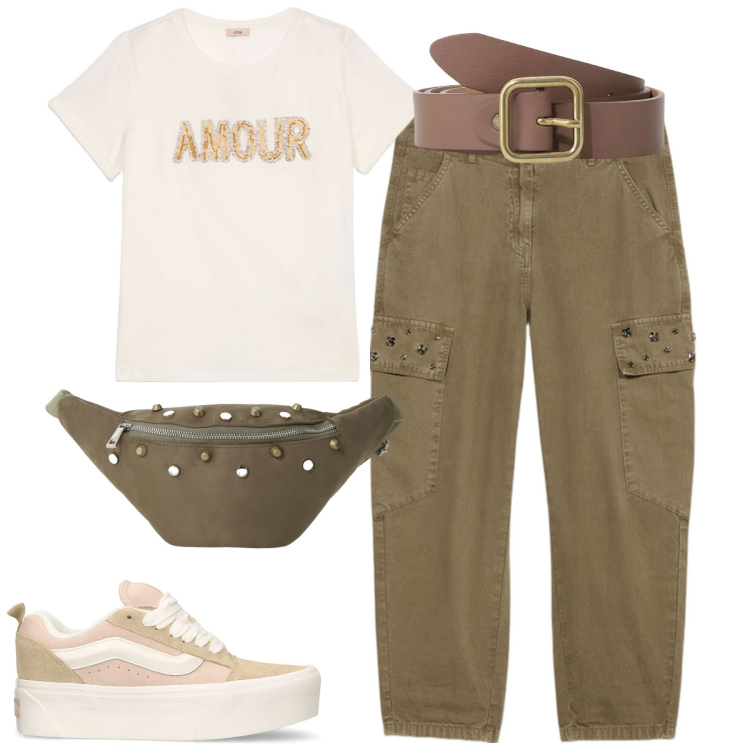 Outfit donna - City. Stile Casual per Tutti i giorni. Abbinamento con marsupi, cinture, sneakers, t-shirt, pantaloni cargo.