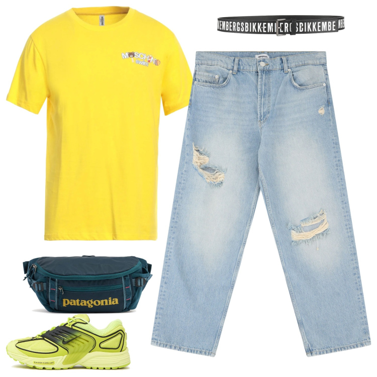 Outfit uomo - Arrivo caldo. Stile Trendy per Tutti i giorni. Abbinamento con t-shirt, cinture, jeans strappati, sneakers, borse sportive.