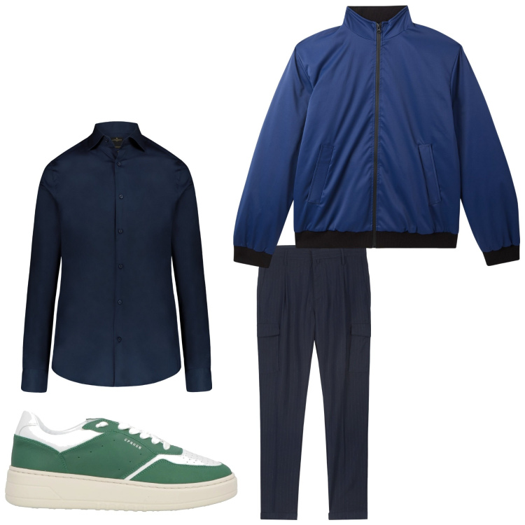 Outfit uomo - Di mattina presto. Stile Casual per Ufficio. Abbinamento con sneakers, giacche, pantaloni cargo, camicie.