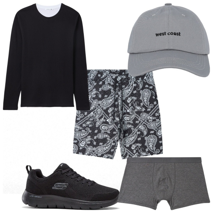 Outfit uomo - Total look #2108718. Stile Trendy per Tutti i giorni. Abbinamento con sneakers, cappelli con visiera, maglieria, boxer, bermuda.
