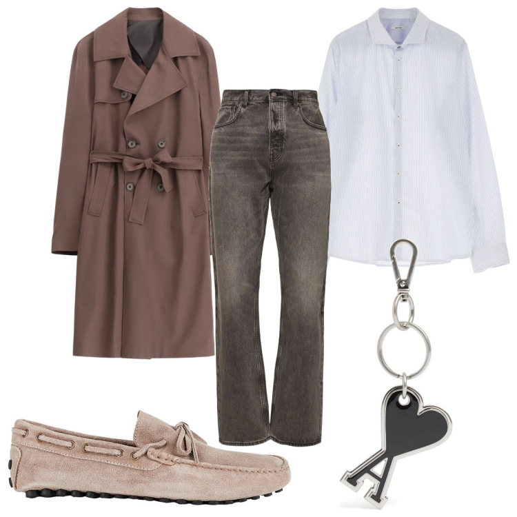 Outfit uomo - Total look #2108721. Stile Trendy per Tutti i giorni. Abbinamento con scarpe stringate, camicie, trench, jeans, portachiavi.