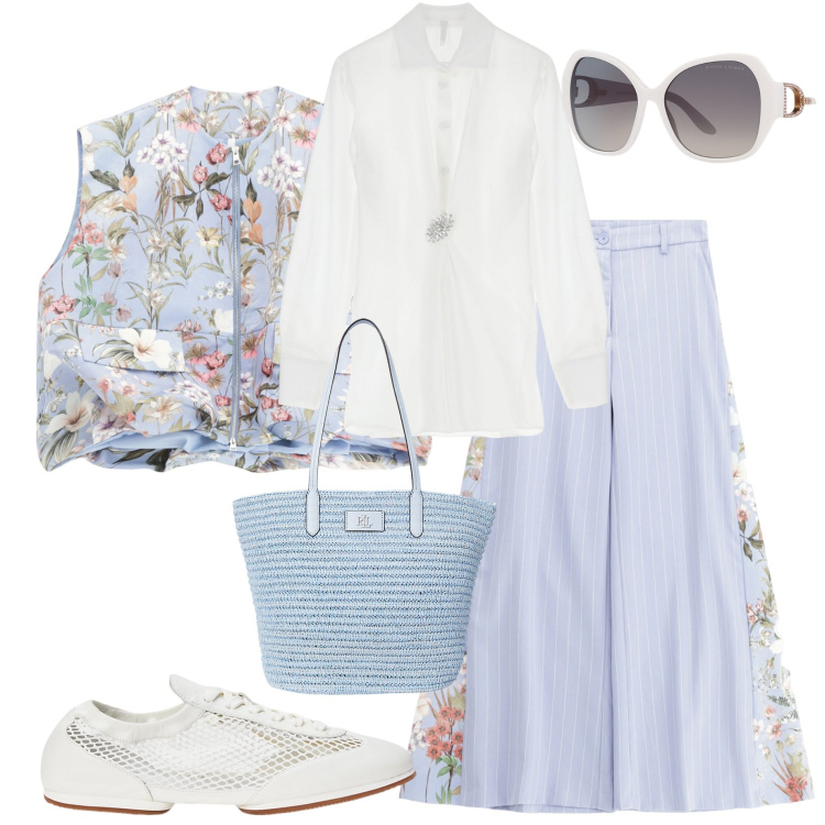 Outfit donna - Imperial SS 2025. Stile Casual chic per Ufficio. Abbinamento con pantaloni, camicie, gilet, occhiali da sole, ballerine, borse tote.