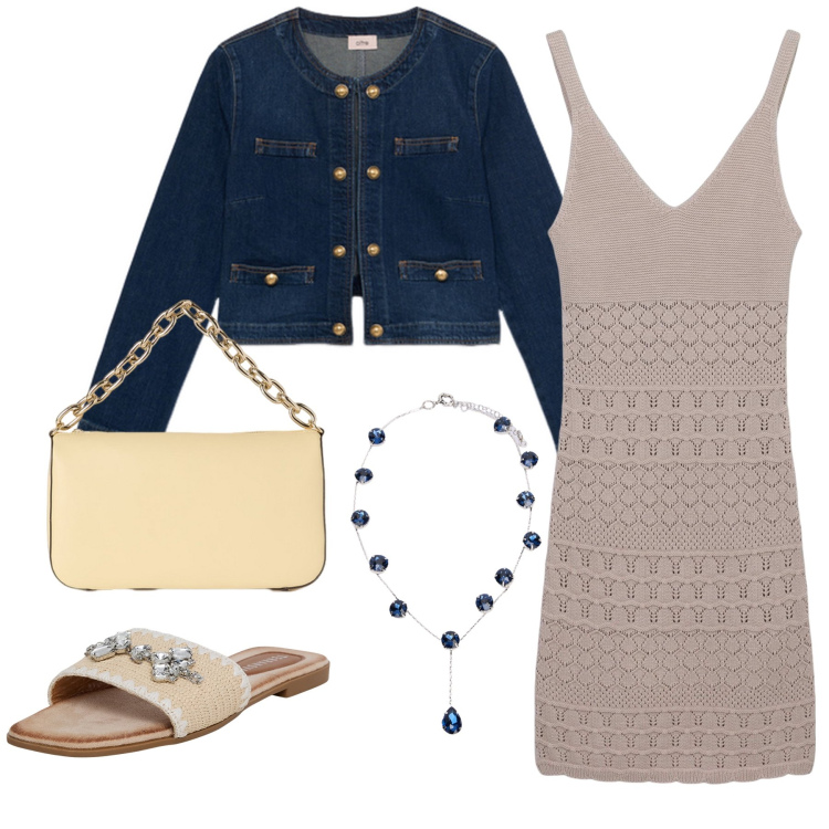 Outfit donna - Mini abito ecru. Stile Casual chic per Serata fuori. Abbinamento con ciabatte, vestiti corti, blazer, collane, borse a tracolla.