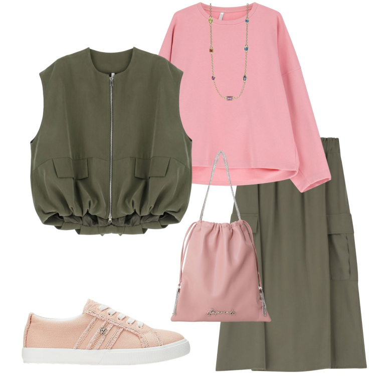 Outfit donna - Imperial SS 2025. Stile Casual chic per Ufficio. Abbinamento con collane, borse a secchiello, gonne lunghe, felpe, blazer, sneakers.