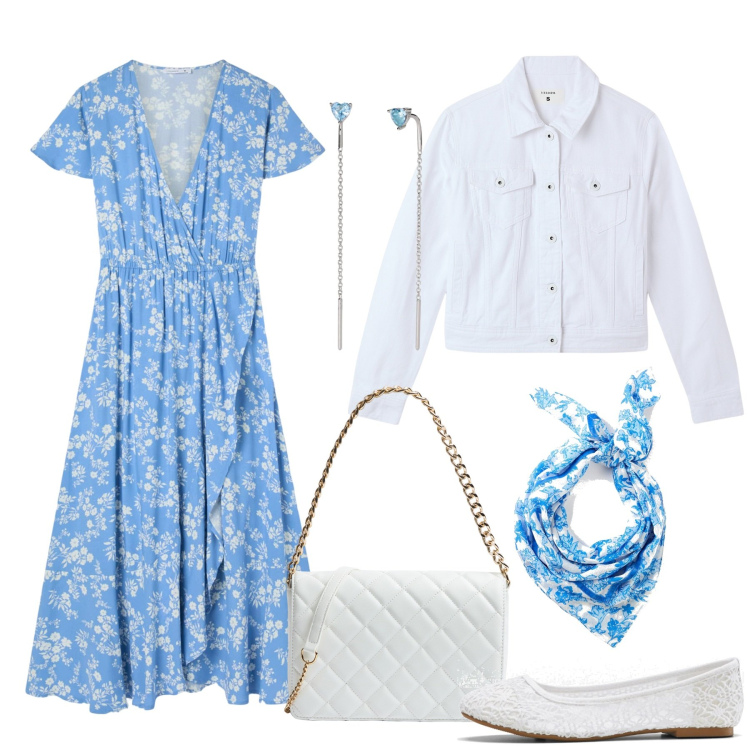 Outfit donna - Picnic al lago. Stile Romantica per Tutti i giorni. Abbinamento con ballerine, foulard, vestiti lunghi, blazer, borse a tracolla, orecchini.