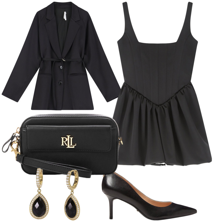 Outfit donna - Serata Imperial post lavoro. Stile Chic per Ufficio. Abbinamento con orecchini, vestiti corti, blazer, pochette, décolleté.
