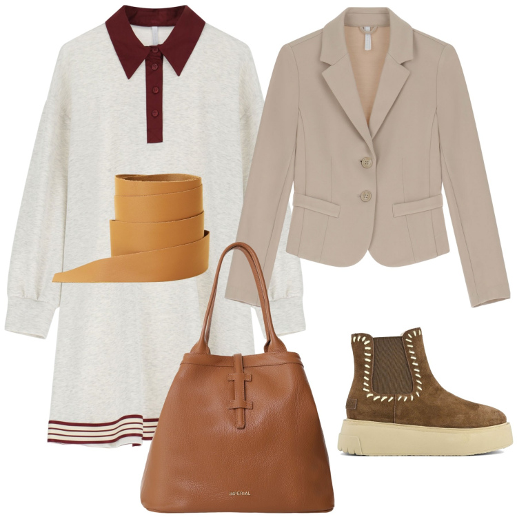 Outfit donna - Vezzoso abito per l ufficio dí oggi. Stile Trendy per Ufficio. Abbinamento con vestiti corti, cinture, blazer, borse tote, stivaletti.