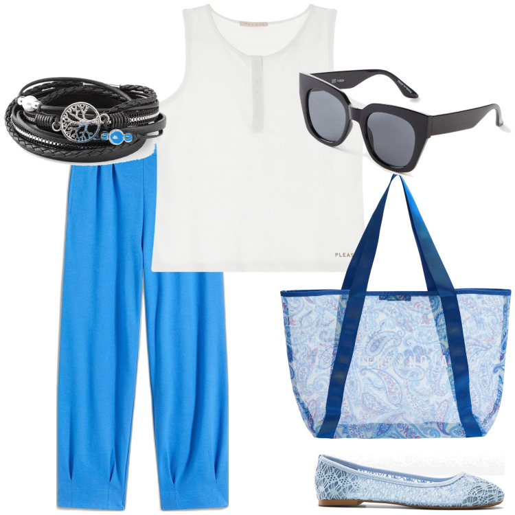 Outfit donna - Fresco total look. Stile Basic per Tutti i giorni. Abbinamento con ballerine, braccialetti, occhiali da sole, pantaloni, shopping bag, canottiere.