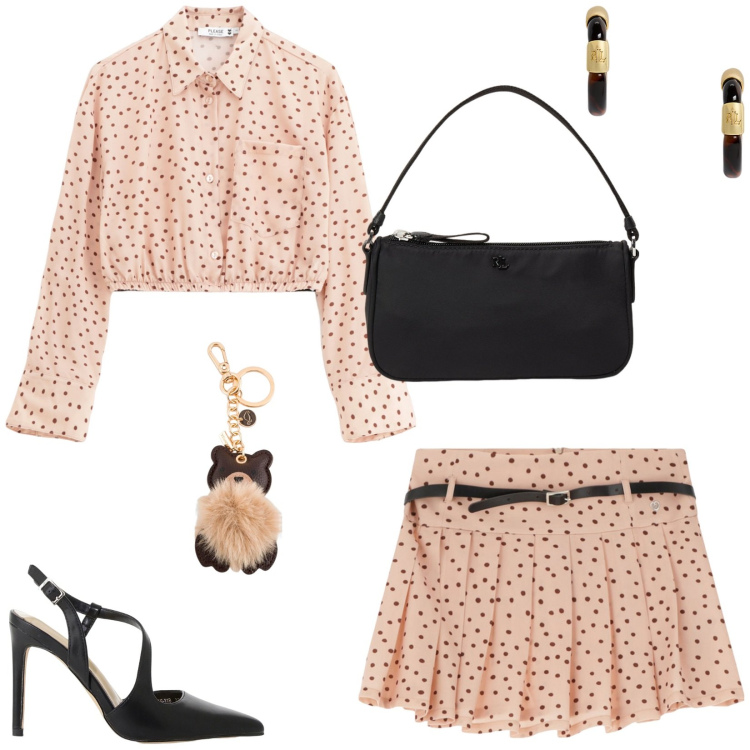 Outfit donna - Apericena in centro. Stile Chic per Serata fuori. Abbinamento con minigonne, camicie, décolleté, orecchini, pochette, portachiavi.
