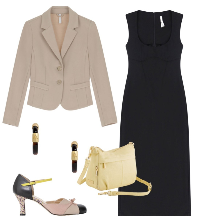 Outfit donna - Total look #2108742. Stile Chic per Ufficio. Abbinamento con vestiti midi/longuette, blazer, décolleté, orecchini, borse a tracolla.