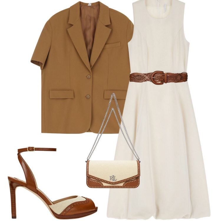 Outfit donna - Imperial SS 2025. Stile Bon Ton per Ufficio. Abbinamento con vestiti midi/longuette, blazer, cinture, sandali in pelle, borse a spalla.