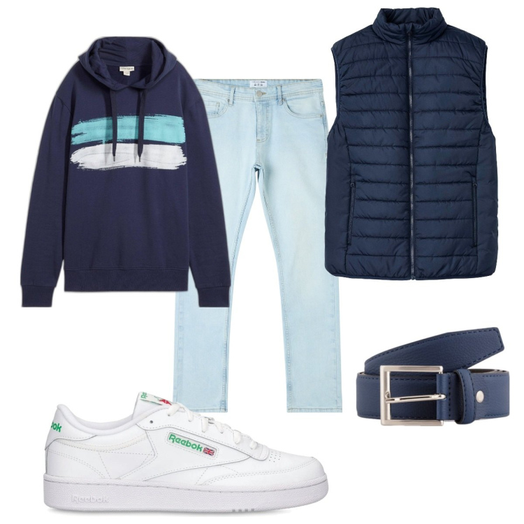 Outfit uomo - Total look #2108749. Stile Casual per Tutti i giorni. Abbinamento con gilet, felpe con cappuccio, jeans dritti, cinture, sneakers.