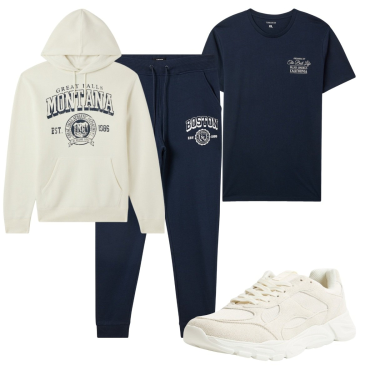 Outfit uomo - Sport. Stile Casual per Sport. Abbinamento con t-shirt, sneakers, felpe sportive, pantaloni sportivi.