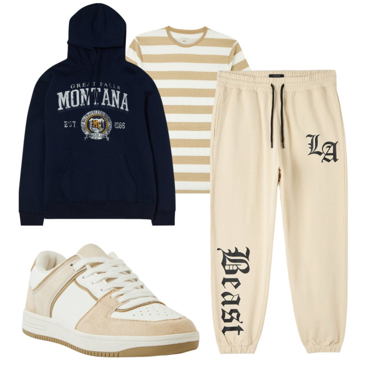 Outfit uomo - Sport. Stile Casual per Sport. Abbinamento con t-shirt, pantaloni sportivi, felpe sportive, sneakers.