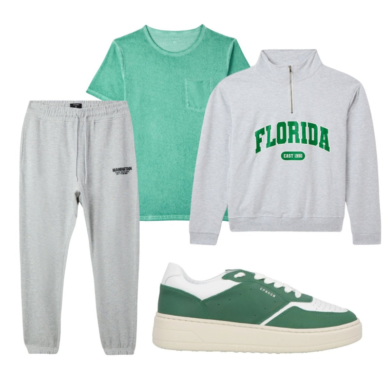 Outfit uomo - Sport. Stile Casual per Sport. Abbinamento con sneakers, t-shirt, pantaloni sportivi, felpe sportive.