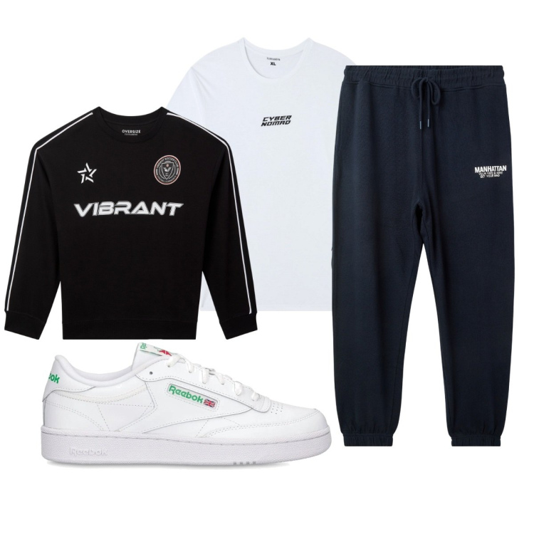 Outfit uomo - Sport. Stile Casual per Sport. Abbinamento con felpe sportive, pantaloni sportivi, t-shirt, sneakers.