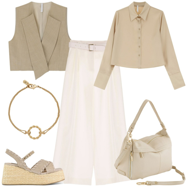 Outfit donna - Imperial SS 2025: Urban Edge. Stile Casual chic per Ufficio. Abbinamento con pantaloni a palazzo, gilet, camicie, braccialetti, zeppe, borse a tracolla.