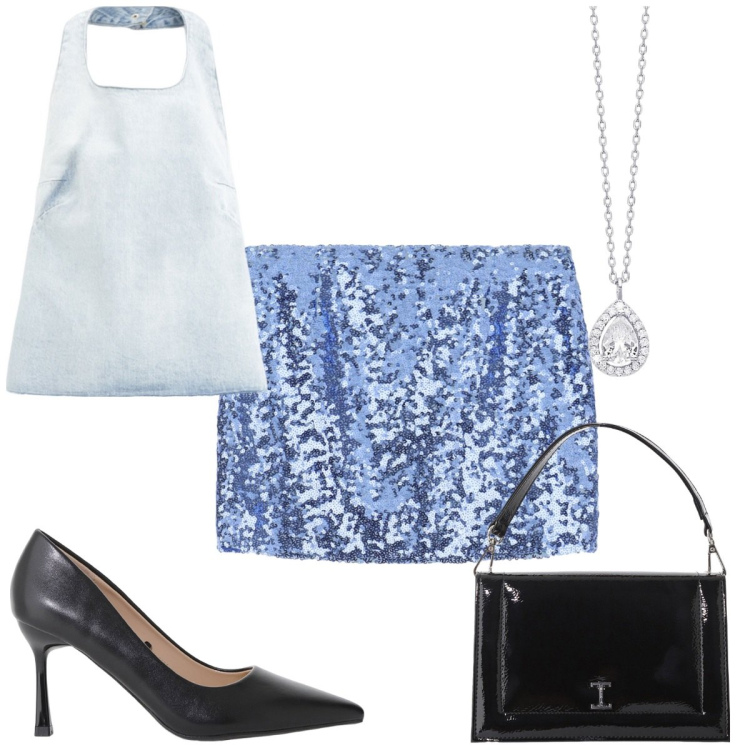 Outfit donna - Party in disco by Please!. Stile Glamour per Serata fuori. Abbinamento con collane, canottiere, minigonne, décolleté, borse a tracolla.