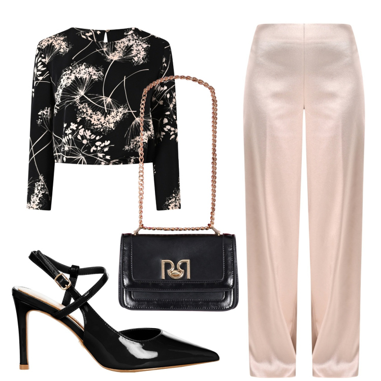 Outfit donna - In rosa e nero. Stile Casual chic per Cerimonia. Abbinamento con pantaloni a palazzo, décolleté, bluse, borse a tracolla.