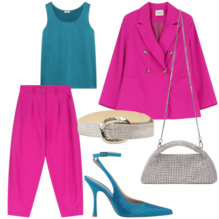 Outfit donna - Esplosione di colori. Stile Trendy per Serata fuori. Abbinamento con décolleté, cinture, blazer, pantaloni, clutch, top.