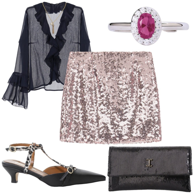 Outfit donna - Party by Please : minigonna. Stile Glamour per Serata fuori. Abbinamento con anelli, bluse, minigonne, décolleté, borse a tracolla.