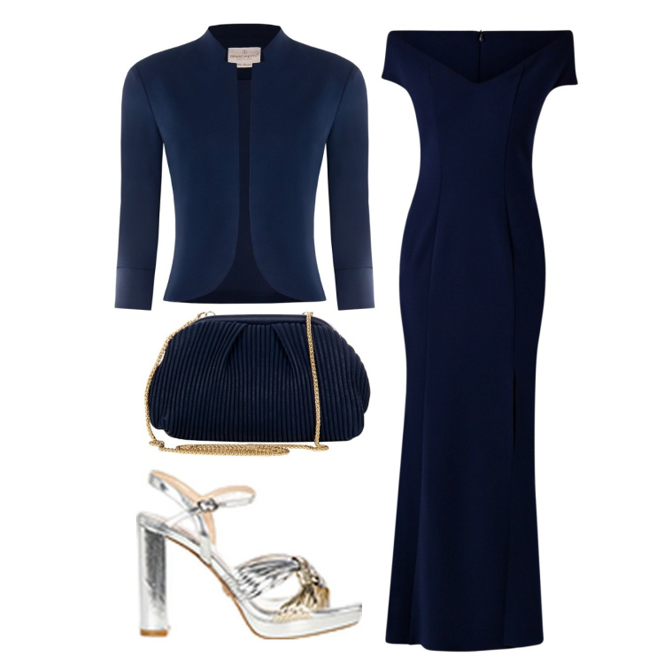 Outfit donna - Cerimonia in blu. Stile Sexy per Cerimonia. Abbinamento con pochette, vestiti lunghi, bolero, sandali in pelle.