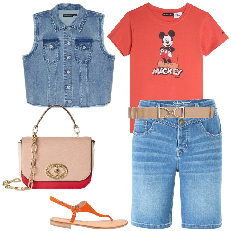 Outfit donna - Giornata in libertà. Stile Basic per Tutti i giorni. Abbinamento con bermuda, infradito, cinture, t-shirt, gilet, borse a tracolla.