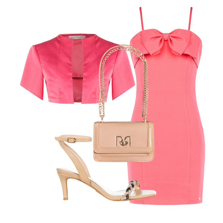 Outfit donna - Cerimonia in rosa. Stile Romantica per Cerimonia. Abbinamento con sandali in pelle, bolero, vestiti lunghi, borse a tracolla.