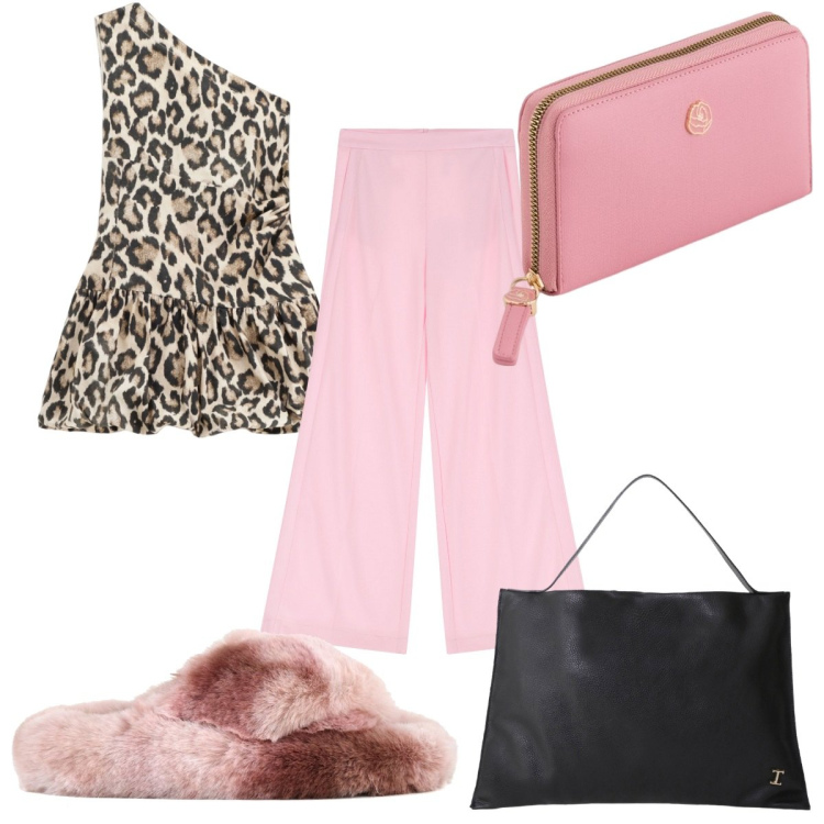 Outfit donna - IMPERIAL SS25: trendissima in rosa. Stile Trendy per Ufficio. Abbinamento con pantaloni a palazzo, borse a spalla, vestiti corti, ciabatte, portafogli.