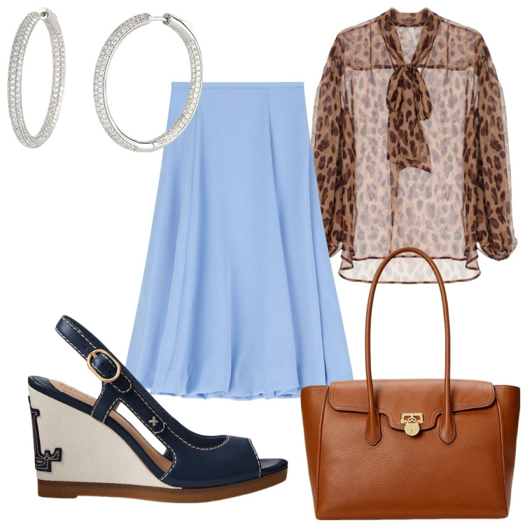 Outfit donna - IMPERIAL SS25 : la camicia animalier. Stile Trendy per Ufficio. Abbinamento con orecchini, gonne longuette, camicie, borse a mano, sandali in pelle.