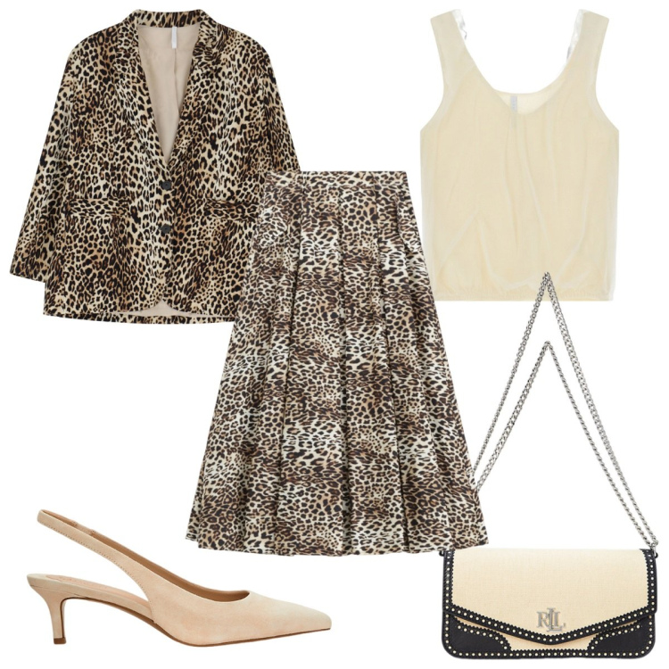 Outfit donna - IMPERIAL SS25: tailleur animalier. Stile Trendy per Ufficio. Abbinamento con blazer, gonne longuette, top, décolleté, borse a spalla.