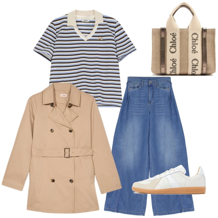 Outfit donna - Trench trendy. Stile Trendy per Tutti i giorni. Abbinamento con jeans, t-shirt, sneakers, borse a mano, trench.