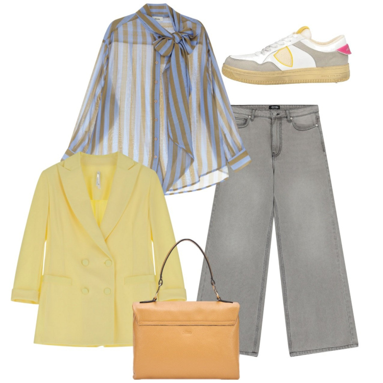 Outfit donna - Fiocco bon ton. Stile Bon Ton per Tutti i giorni. Abbinamento con sneakers, blazer, jeans, camicie, borse a cartella.