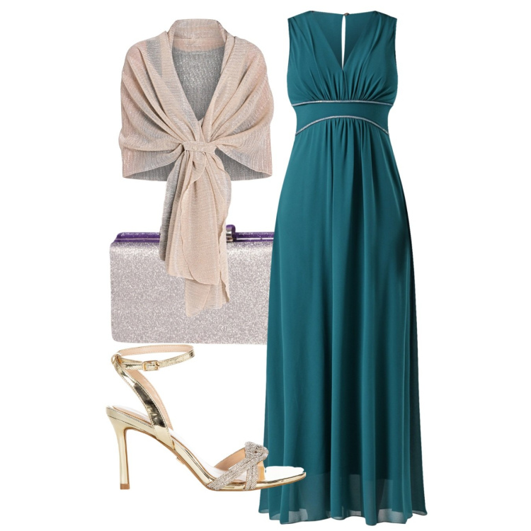 Outfit donna - Cerimonia in verde. Stile Glamour per Cerimonia. Abbinamento con stole, vestiti lunghi, sandali col tacco, pochette.
