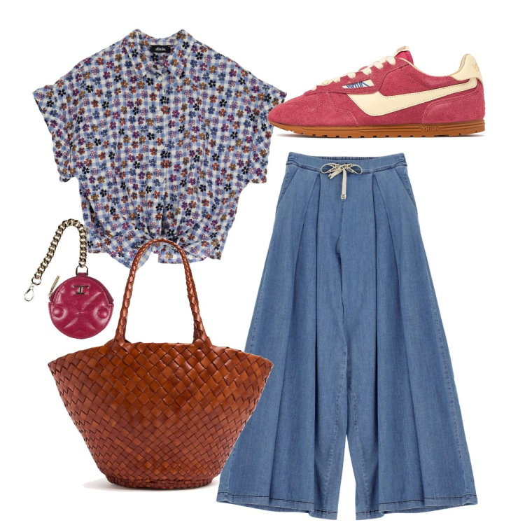 Outfit donna - Quadretti e fiorellini. Stile Romantica per Tutti i giorni. Abbinamento con portamonete, camicie a manica corta, jeans, shopping bag, sneakers.