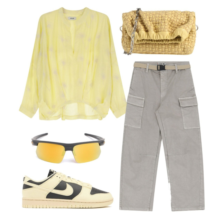Outfit donna - Mattinata in giro. Stile Basic per Tutti i giorni. Abbinamento con borse a tracolla, pantaloni chino, camicie, occhiali da sole, sneakers.