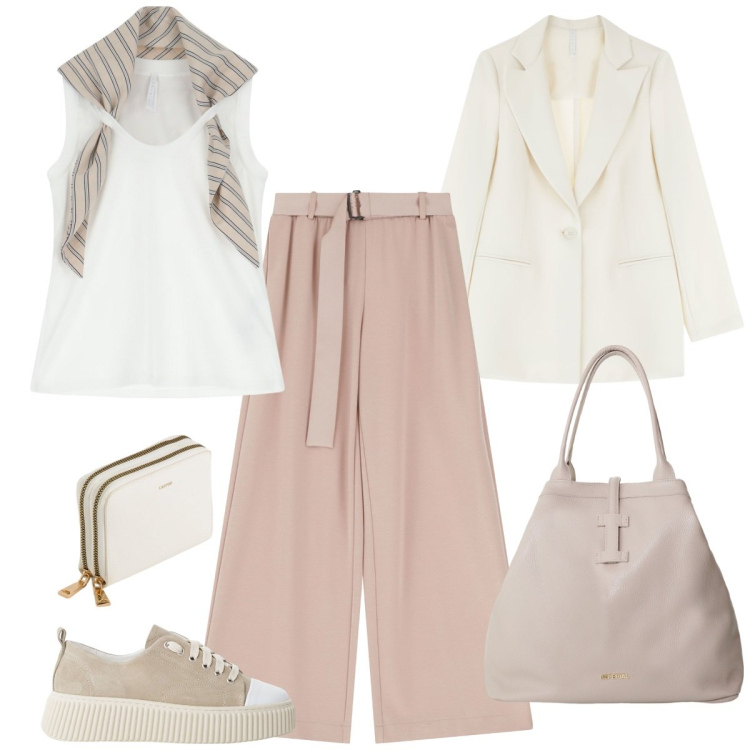 Outfit donna - Imperial ss2025: urban edge. Stile Casual chic per Ufficio. Abbinamento con blazer, top, pantaloni, borse tote, sneakers, portafogli.
