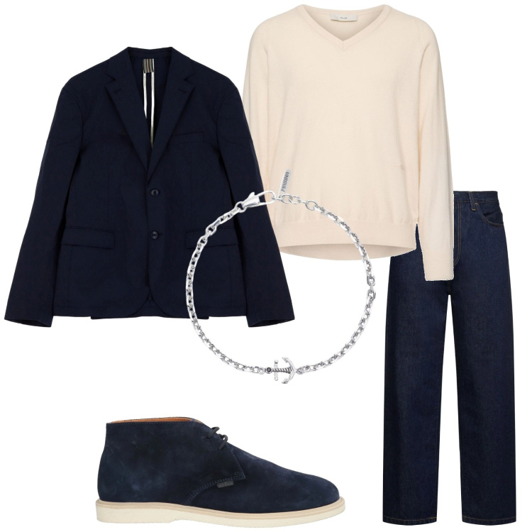 Outfit uomo - Total look #2108818. Stile Trendy per Tutti i giorni. Abbinamento con stivali e stivaletti, braccialetti, giacche, pullovers, jeans.