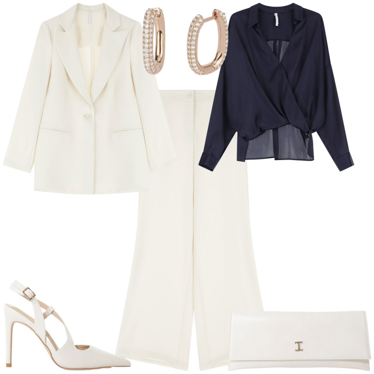 Outfit donna - Ufficio cerimonia evento serata. Stile Bon Ton per Ufficio. Abbinamento con orecchini, pantaloni, blazer, bluse, décolleté, pochette.