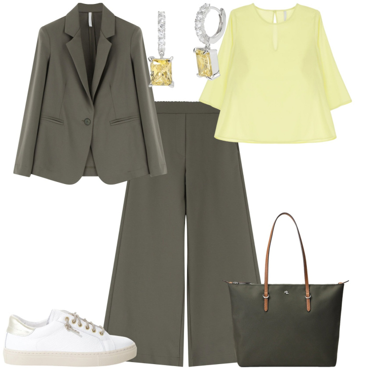 Outfit donna - Total look #2108828. Stile Chic per Ufficio. Abbinamento con orecchini, bluse, pantaloni, blazer, sneakers, borse tote.